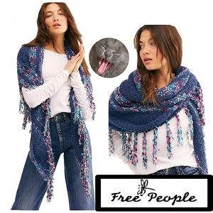 Free People Womens Fringe Fashion Shawl/Wrap Blue